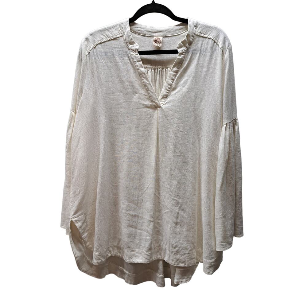 Libby Story cream Viscose Flax Long Bell Sleeve V-Neck Flowy gathered Blouse Lg